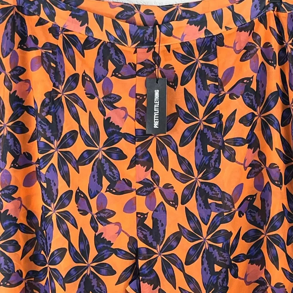 PrettyLittleThing Orange Tropical High Rise Sheer Flare Beach Pants 14 NWT